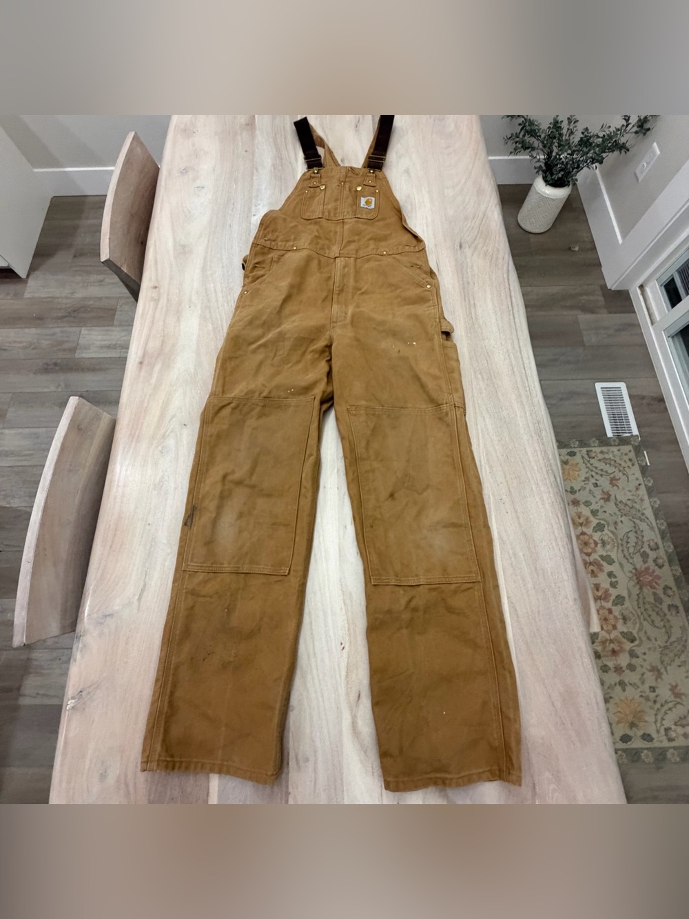 Vintage 1980s Carhartt Overalls Made In USA Tan / Brown Double Knees Worn